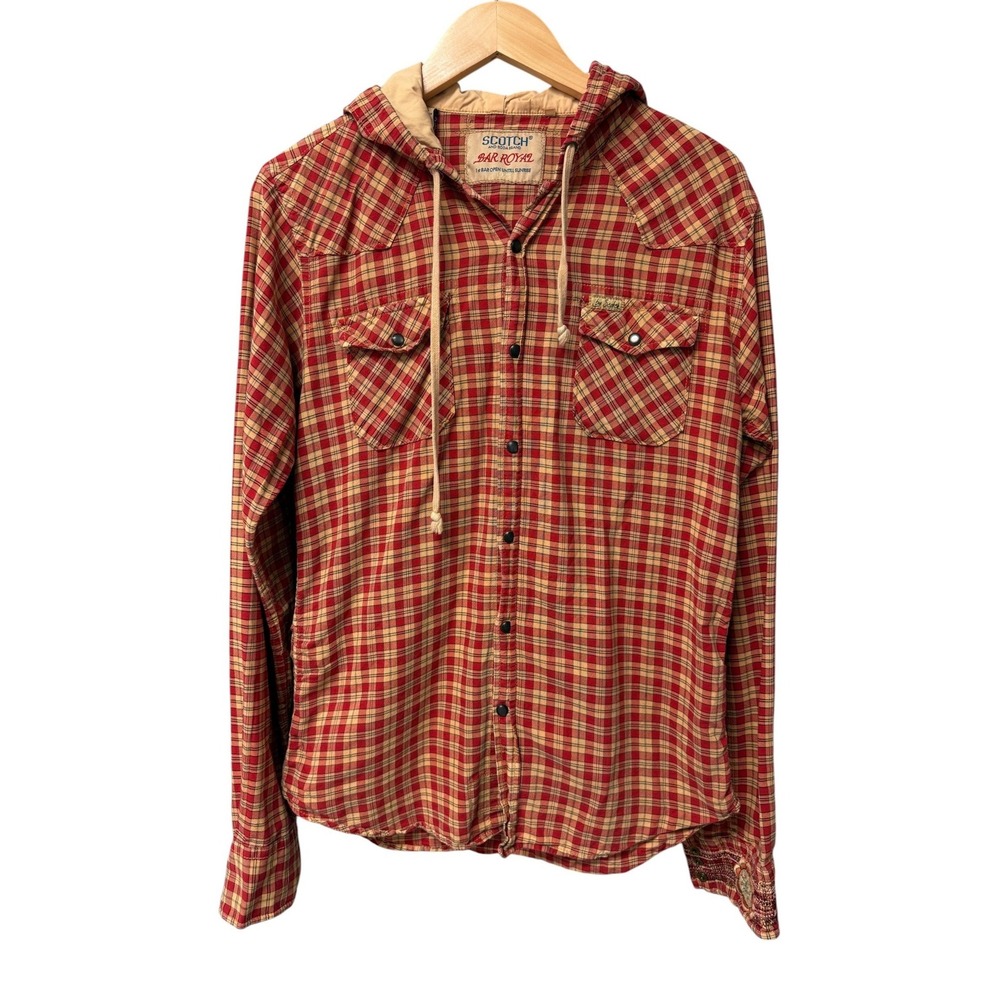 Scotch & Soda Red Plaid Hooded Button-Down Shirt